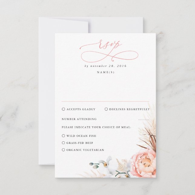 Pampas Grass Blush Pink Floral Wedding RSVP Card (Front)