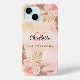 Pampas grass blush pink florals monogram iPhone 15 case