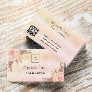Pampas grass blush pink florals QR code logo Business Card