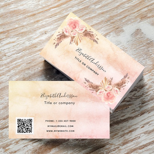 Pampas grass blush pink florals script QR code Business Card (Creator Uploaded)