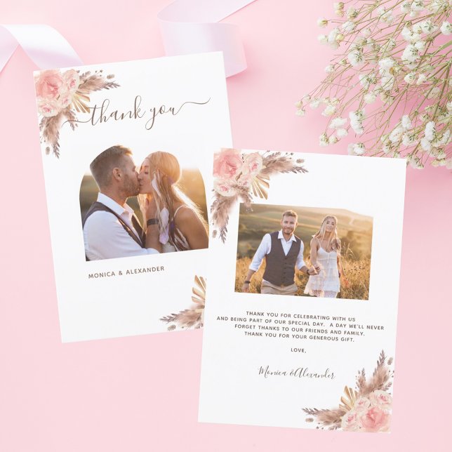 Pampas grass blush pink photo boho wedding thank you card (Creator Uploaded)