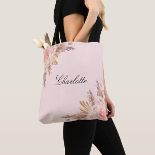 Pampas grass blush rose gold floral name tote bag