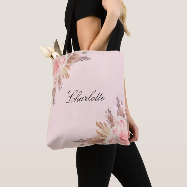 Pampas grass blush rose gold floral name tote bag (Close Up)
