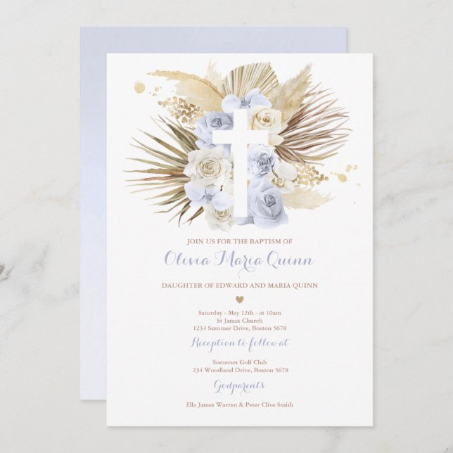 Pampas Grass Bohemian Baptism Boho Christening Invitation (Front/Back)
