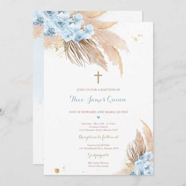 Pampas Grass Bohemian Baptism Boho Christening Invitation (Front/Back)