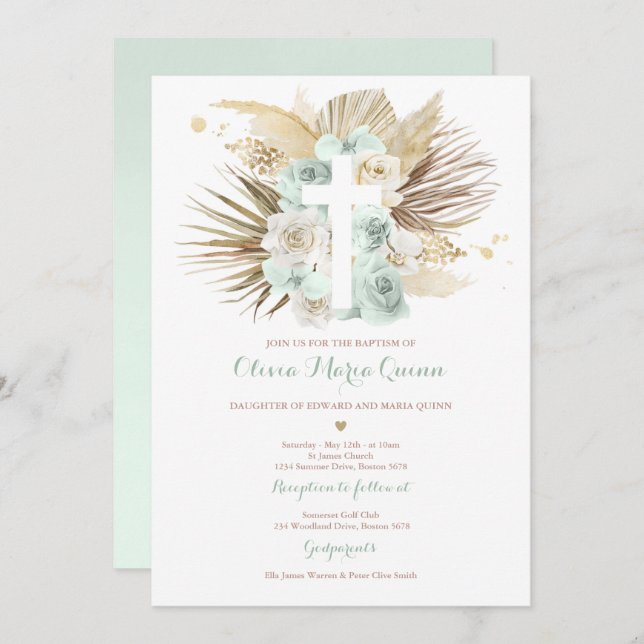 Pampas Grass Bohemian Baptism Boho Christening Invitation (Front/Back)