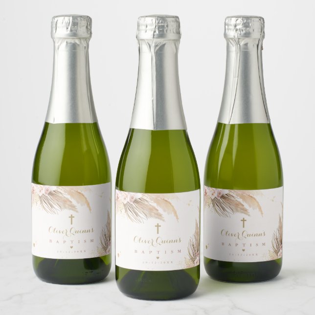 Pampas Grass Bohemian Baptism Personalised Mini Sparkling Wine Label (Bottles)
