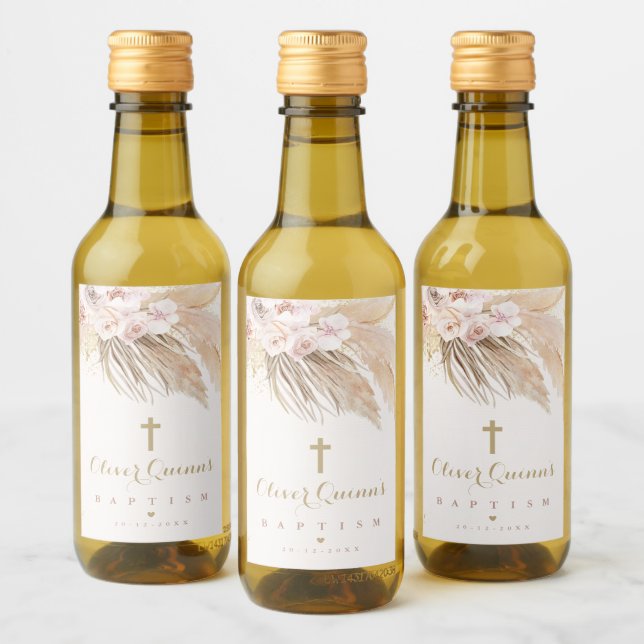 Pampas Grass Bohemian Baptism Personalised Mini Wine Label (Bottles)