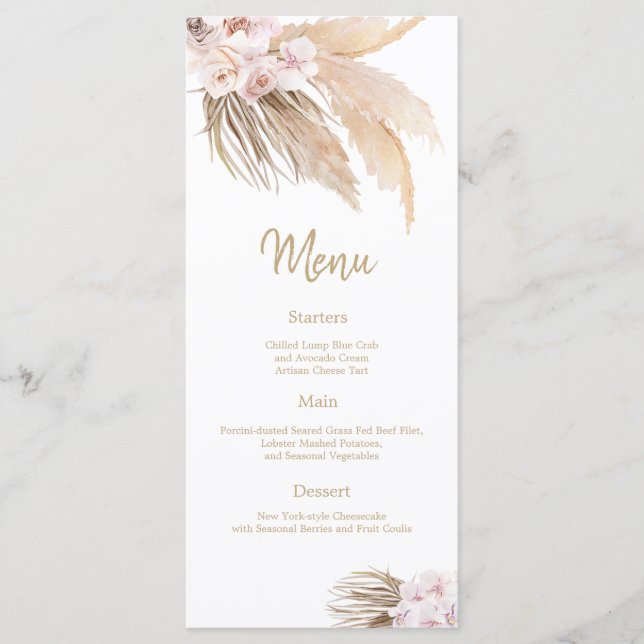 Pampas Grass Bohemian Blush Wedding Reception menu (Front)