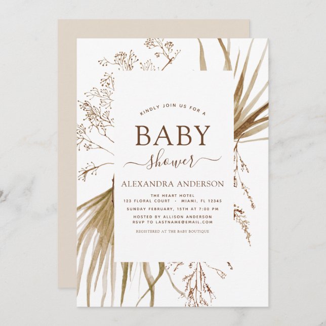 Pampas Grass Bohemian Boho  Baby Shower Invitation (Front/Back)