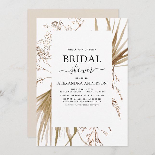 Pampas Grass Bohemian Boho Bridal Shower Invitation (Front/Back)