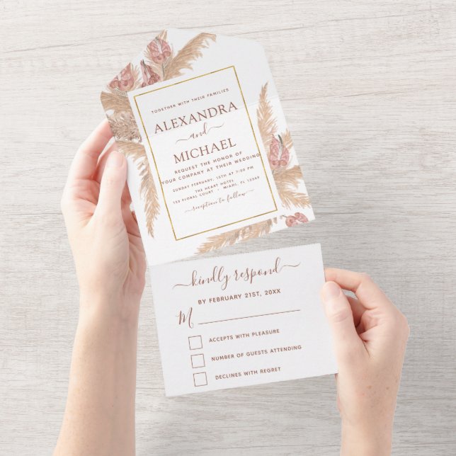 Pampas Grass Bohemian Boho Tropical Wedding All In One Invitation (Tearaway)