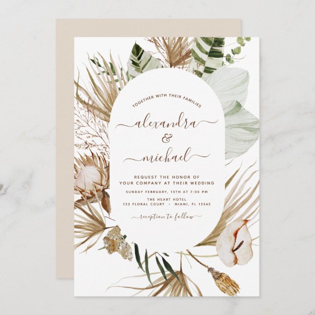 Pampas Grass Bohemian Boho Tropical Wedding Invita Invitation (Front/Back)