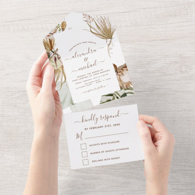 Pampas Grass Bohemian Boho Wedding RSVP All In One Invitation (Tearaway)