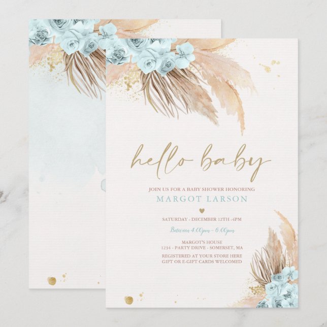 Pampas Grass Bohemian Sea Blue Baby Shower Invitation (Front/Back)