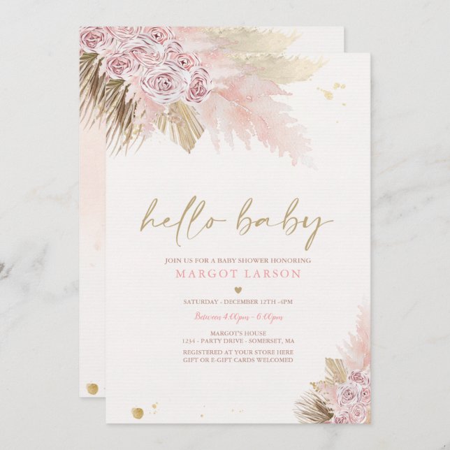 Pampas Grass Bohemian Tropical Girl Baby Shower Invitation (Front/Back)