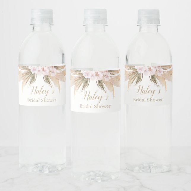 Pampas Grass Bohemian watercolor  Bridal Shower Water Bottle Label (Bottles)