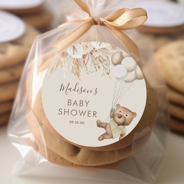 Pampas Grass Boho Bear Baby Shower Classic Round S Sticker (Creator Uploaded)