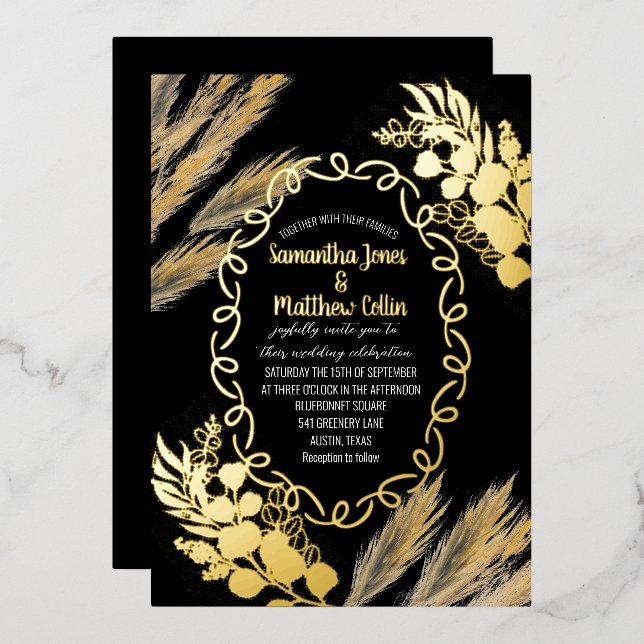 Pampas Grass Boho Black Gold Foil Wedding (Front/Back)