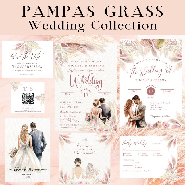 Pampas Grass Boho Blush Pink QR Code Enclosure  Card (Creator Uploaded)