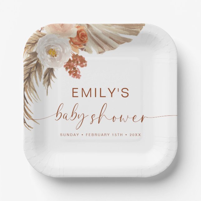Pampas Grass Boho Bohemian Desert Baby Shower Paper Plate (Front)