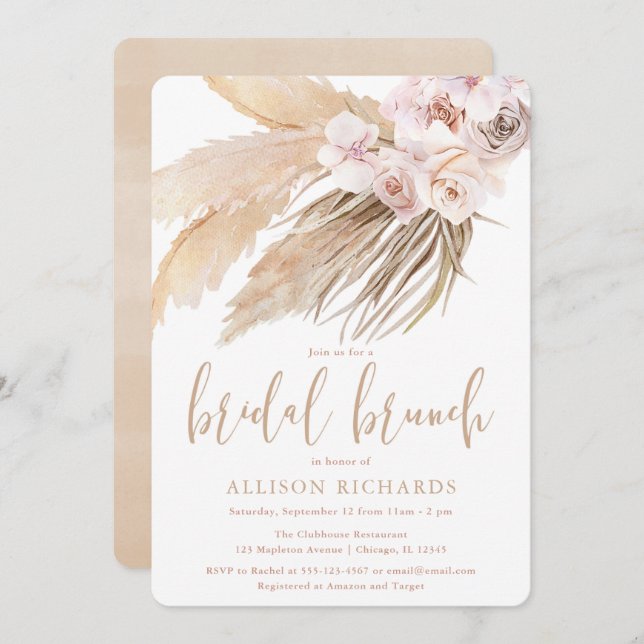 Pampas grass boho bohemian desert bridal brunch invitation (Front/Back)