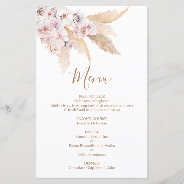 Pampas Grass Boho Chic Menu Card (Front)