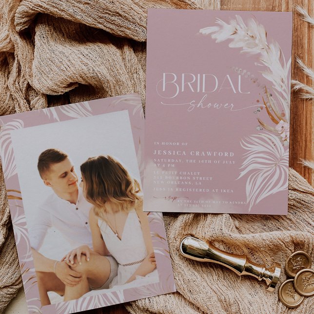 Pampas Grass Boho Dusty Rose Photo Bridal Shower Invitation (Creator Uploaded)