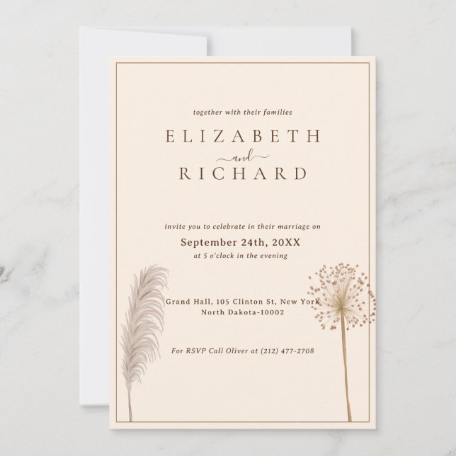 Pampas Grass Boho Elegant Wedding Invitation (Front)