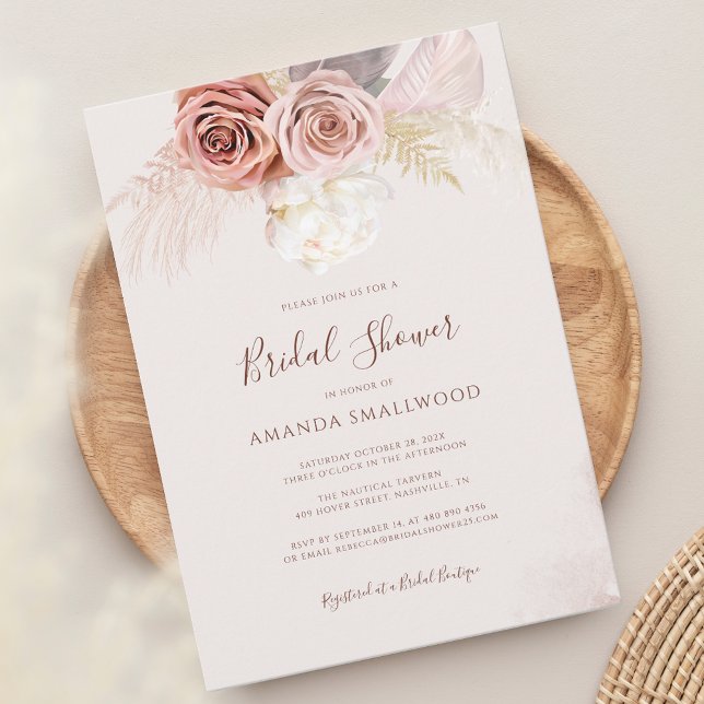 Pampas Grass Boho Fall Bridal Shower Invitation (Pampas Grass Terracotta Script Bridal Shower Invitation)