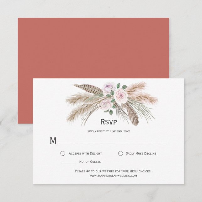 Pampas Grass Boho Feathers Terra Cotta Pink Floral RSVP Card (Front/Back)