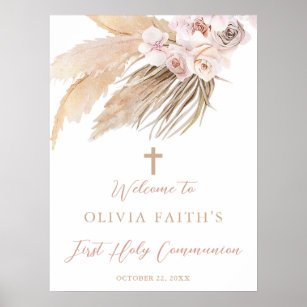 Pampas grass boho first communion welcome sign