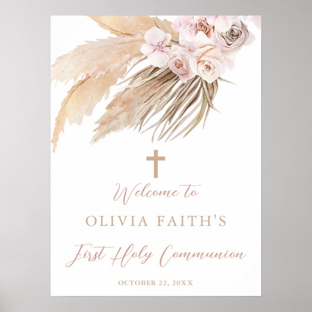 Pampas grass boho first communion welcome sign (Front)