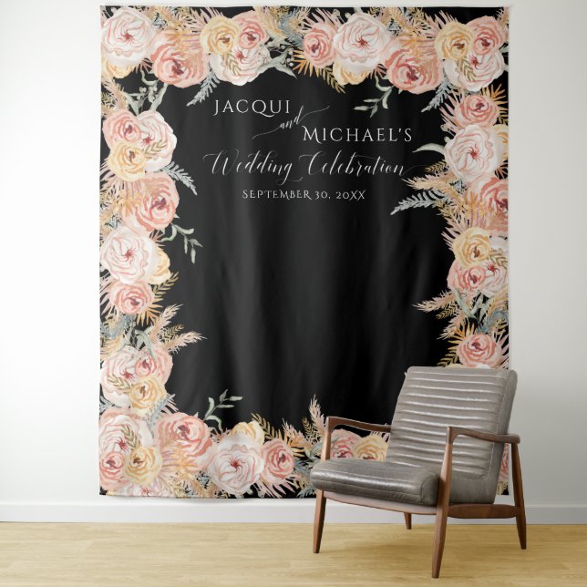 Pampas Grass Boho Floral Blush Pink Roses Wedding Tapestry (In Situ)