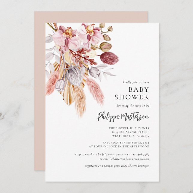 Pampas Grass Boho Floral Girl Baby Shower Invitation (Front/Back)