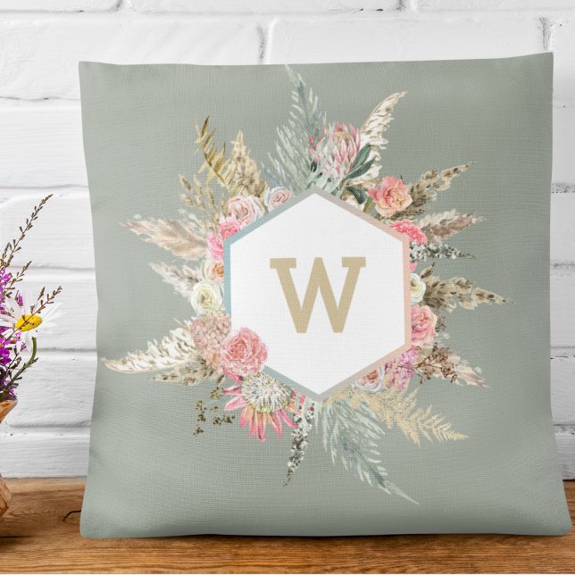 Pampas Grass Boho Floral Monogram Frame  Cushion (Creator Uploaded)