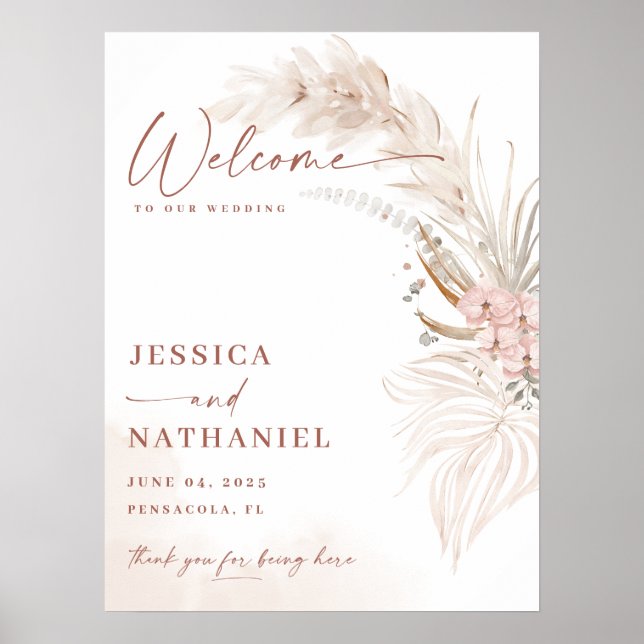 Pampas Grass Boho Floral Wedding Welcome Poster (Front)