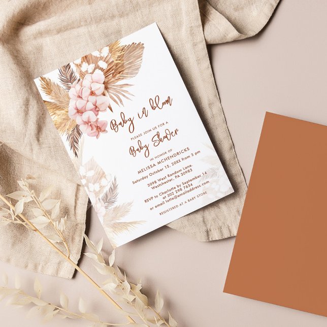 Pampas Grass Boho Girl Baby Shower Invitation (Pampas Grass Baby in Bloom Shower Script Invitation)