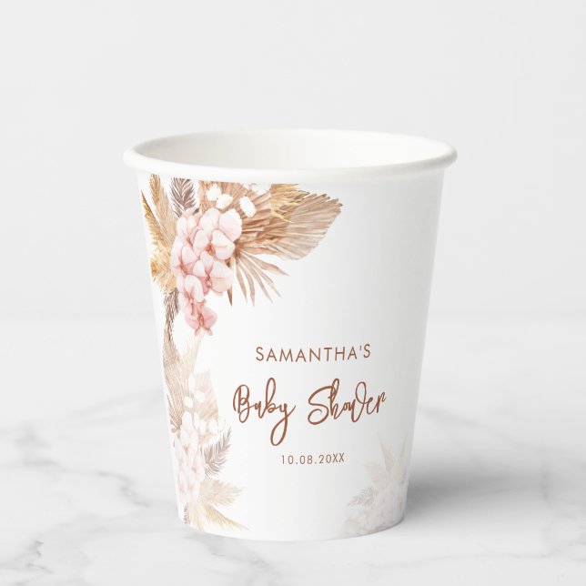 Pampas Grass Boho Girl Baby Shower Paper Cups (Front)