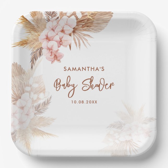 Pampas Grass Boho Girl Baby Shower Paper Plate (Front)