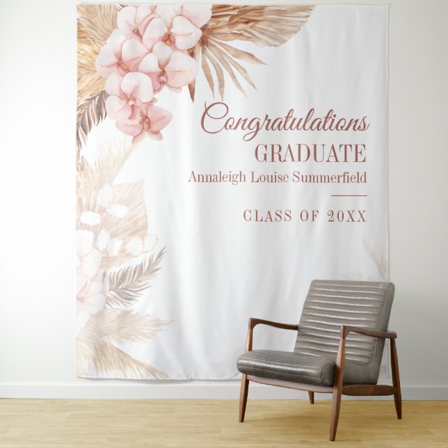 Pampas Grass Boho Graduate Photo Booth Backdrop Tapestry (In Situ)
