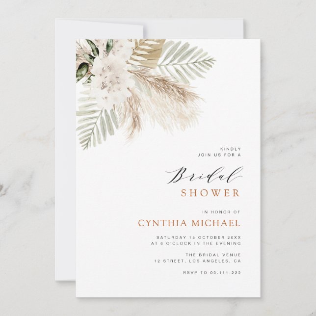  pampas grass boho greenery bridal shower invitation (Front)