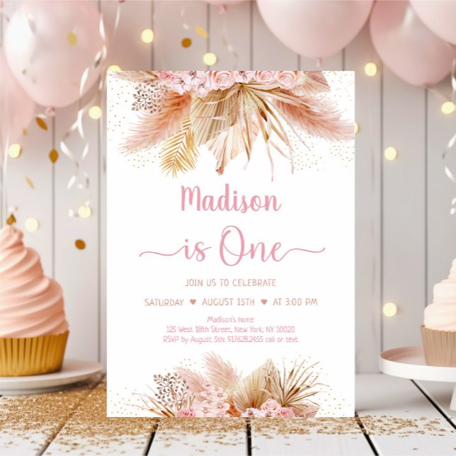 Pampas Grass Boho Pink Floral First Birthday Invitation (Creator Uploaded)