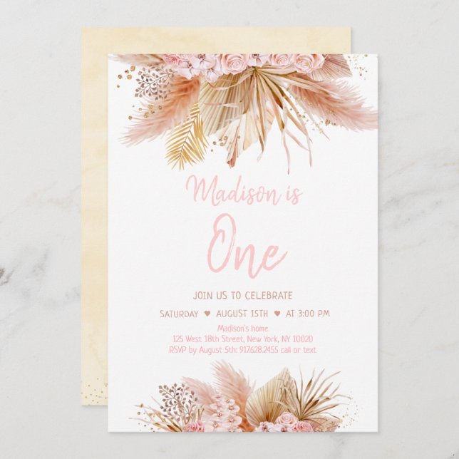 Pampas Grass Boho Pink Floral Girl Birthday Invitation (Front/Back)