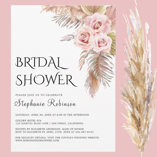 Pampas Grass Boho Rose Floral Bridal Shower Invitation (Creator Uploaded)