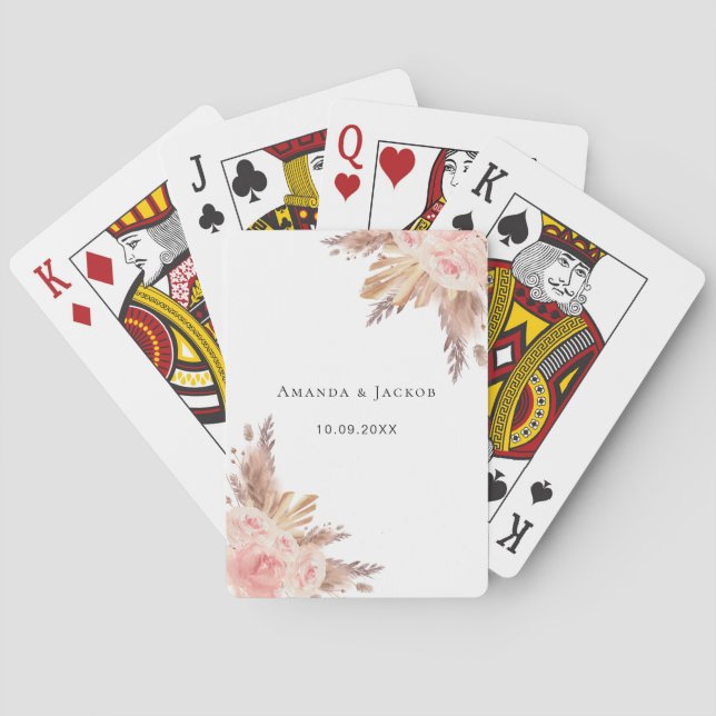 Pampas grass boho rose gold floral white name  playing cards (Back)