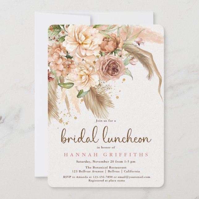Pampas grass boho roses bridal luncheon invitation (Front)