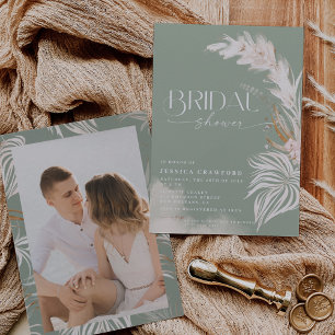 Pampas Grass Boho Sage Green Photo Bridal Shower Invitation