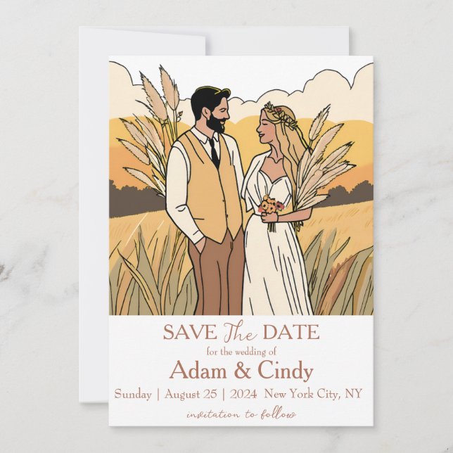 pampas grass boho save the dates invitation (Front)