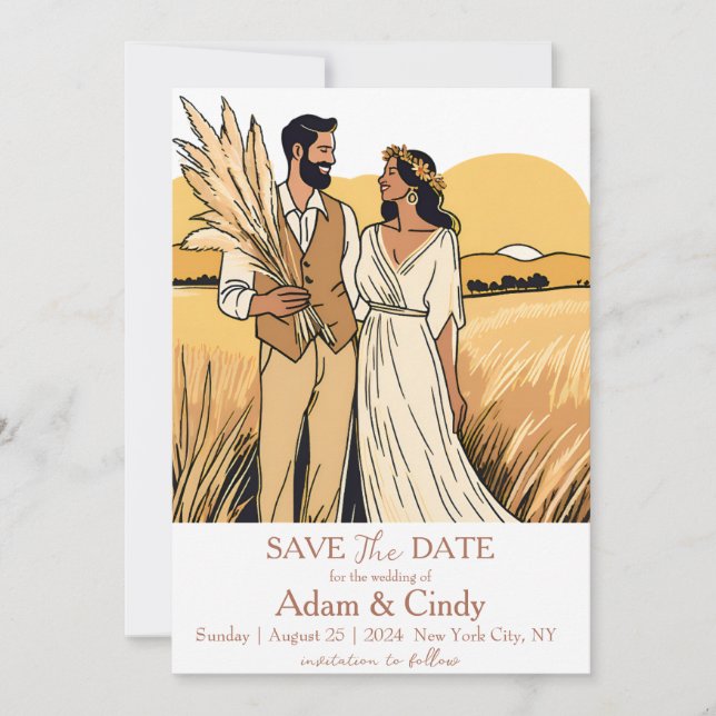 pampas grass boho save the dates invitation (Front)